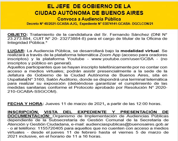 Convoca a Audiencia Pública 11 de marzo de 2021