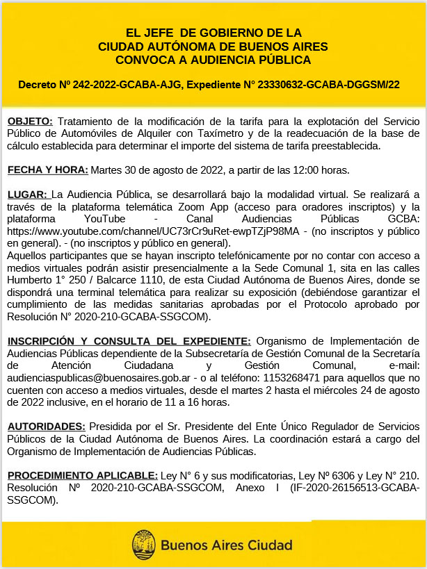 El Jefe de Gobierno de la Ciudad autónoma de Buenos Aires convoca a Audiencia Pública